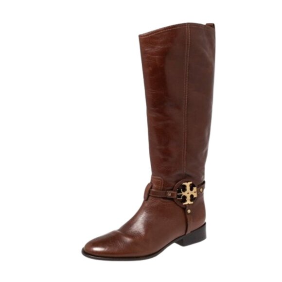 Tory Burch Riding Boots Cognac Brown Leather Size 6 Knee High - Picture 2 of 4